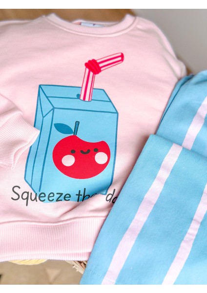 Kız Çocuk Pamuklu Pembe Squeeze The Day Baskılı Eşofman Takımı - Çizgili Alt Model indirimleri