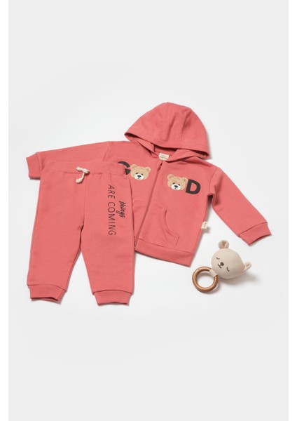 Bebek Pamuklu Kapüşonlu Ayıcık Baskılı Eşofman Takımı - Iki Parça
