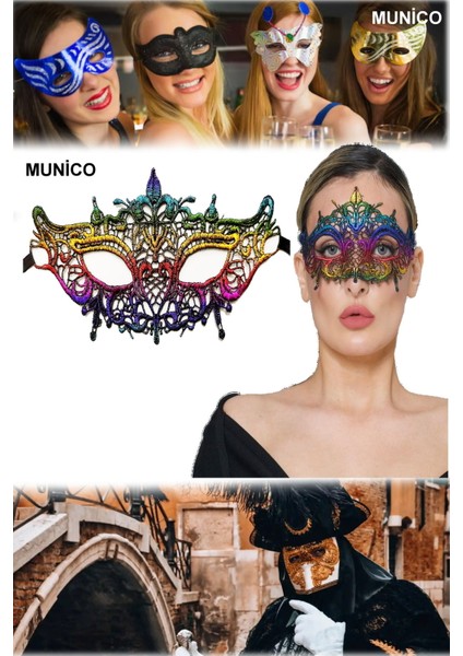 2 Adet Rengarenk Dantel Parti Maskesi – Gökkuşağı Renkli, Hafif ve Şık | Maskeli Balo Aksesuarı