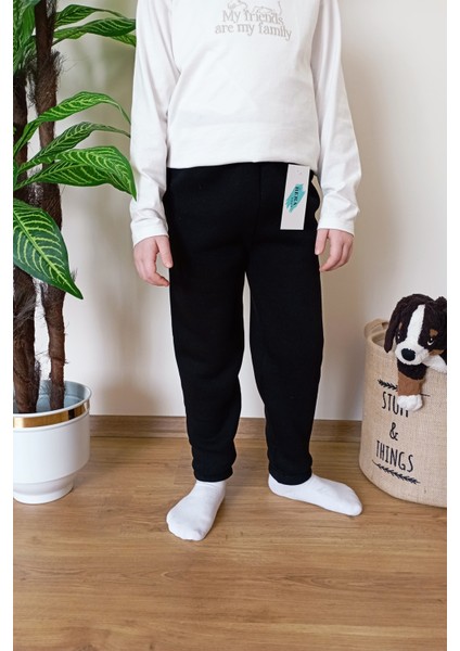 Çocuk Siyah 3 Iplik Şardonlu Paçası Lastikli Kışlık Eşofman Altı modelleri