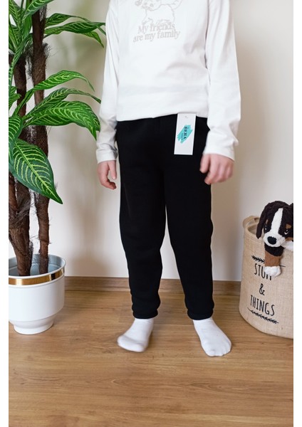 Çocuk Siyah 3 Iplik Şardonlu Paçası Lastikli Kışlık Eşofman Altı