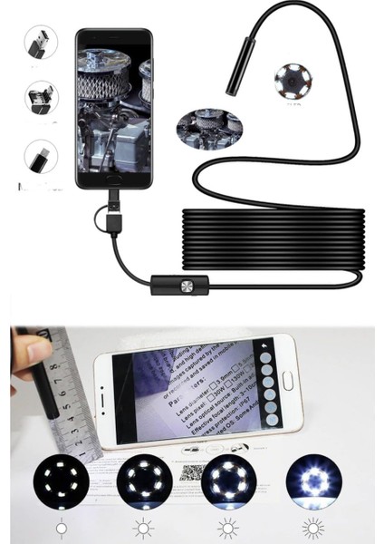 Profesyonel Endoskop Yılan Kamera Arama Motor Içi Su Geçirmez Aralara Girebilen Tesisat Kamerası (10 Metre) 3in 1 Usb-Typc E - Mıcro USB fiyatları