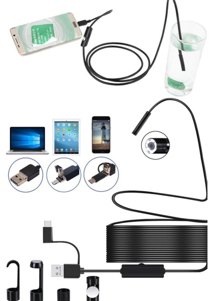 Profesyonel Endoskop Yılan Kamera Arama Motor Içi Su Geçirmez Aralara Girebilen Tesisat Kamerası (10 Metre) 3in 1 Usb-Typc E - Mıcro USB modelleri
