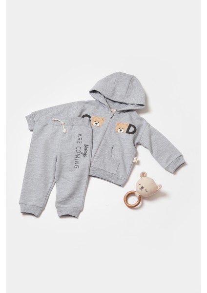 Bebek Pamuklu Gri Kapüşonlu Ayıcık Baskılı Eşofman Takımı - Iki Parça