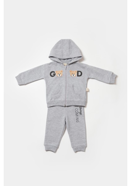 Bebek Pamuklu Gri Kapüşonlu Ayıcık Baskılı Eşofman Takımı - Iki Parça modelleri