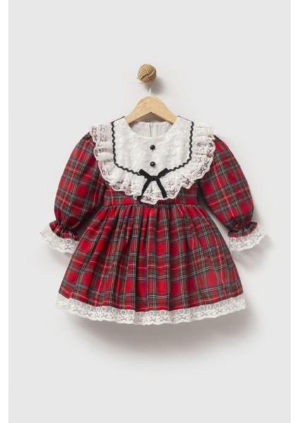 Kız Çocuk Pamuklu Kırmızı Ekose Dantelli Elbise - Fırfır Yaka ve Kurdele Detaylı