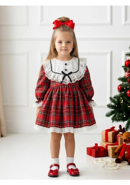Kız Çocuk Pamuklu Kırmızı Ekose Dantelli Elbise - Fırfır Yaka ve Kurdele Detaylı fiyatları