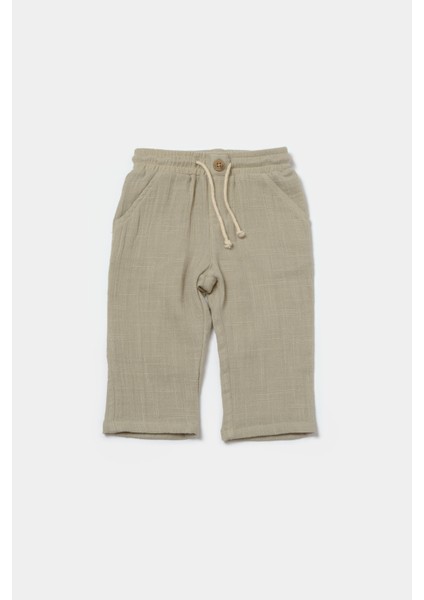 Bebek Pamuklu Bej Kuzu Nakışlı Müslin Takım – Düğmeli Üst ve Pantolon modelleri