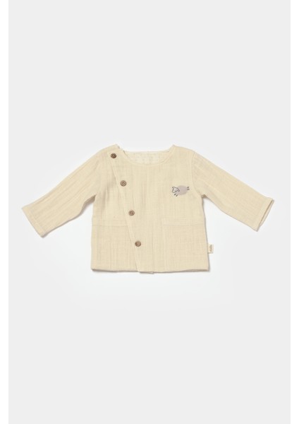 Unisex Bebek Pamuklu Bej Kuzu Nakışlı Düğmeli Müslin Takım - Organik Kumaşlı fiyatları