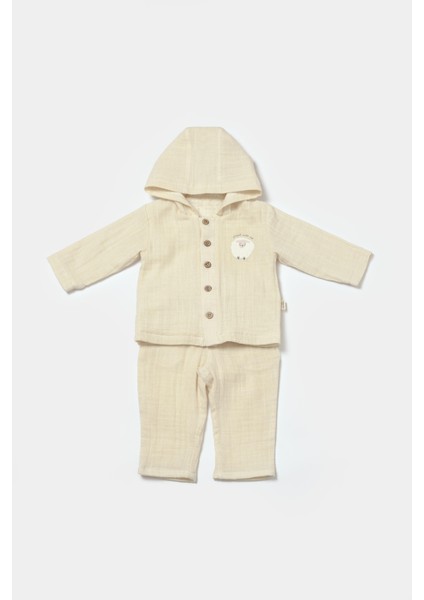 Unisex Bebek Pamuklu Bej Kuzu Nakışlı Düğmeli Müslin Takım - Organik Kumaşlı modelleri