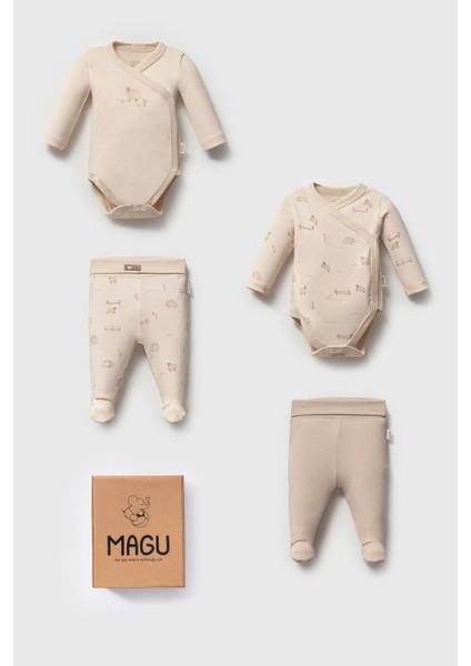 Organik Pamuklu 4'lü Yenidoğan Bebek Seti - Çapraz Yaka Body ve Patikli Alt Takım (Bej)