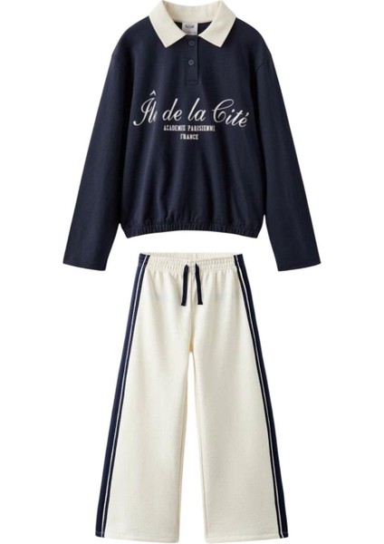 Kız Çocuk Pamuklu Lacivert-Beyaz Paris Baskılı Polo Yaka Eşofman Takımı - Şerit Detaylı modelleri