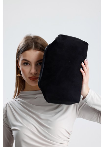 Kadın Siyah Süet Clutch El Çantası