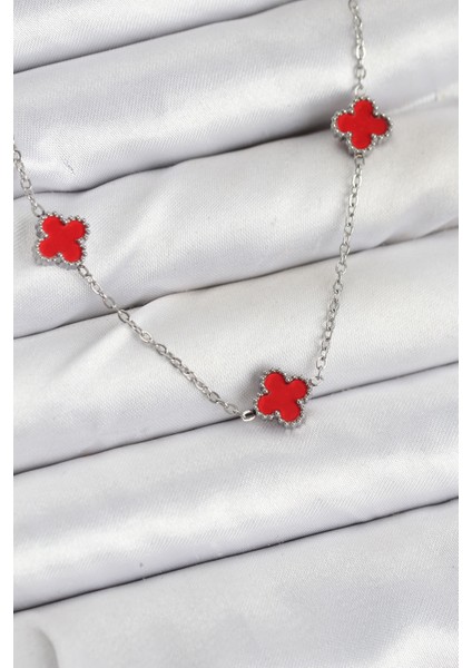 316L Çelik Zincir Gümüş Renk Kırmızı Baby Boy Yonca Kadın Kolye
