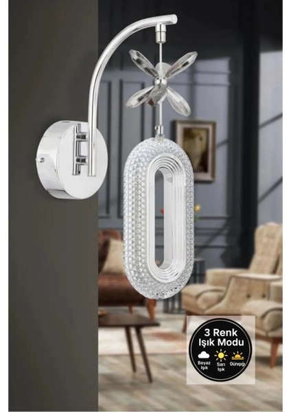 Alfa Tekli Krom kristal Taşlı 3 Renk Modu Aplik Avize