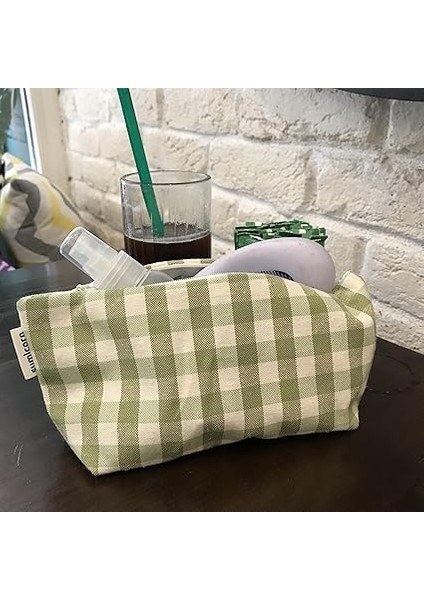 Pötikareli Yıkanabilir Fermuarlı Tek Gözlü Bez Kalemlik Kalem Kutusu Cüzdan Makyaj Çantası Bez Kalem Kesesi (Yeşil) indirimleri