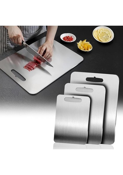 Kesme Tahtası 3'lü Set Paslanmaz Çelik Gıda Temasına Uygun Hijyenik ve Dayanıklı Antibakteriyel 0,7 mm Kesim Panosu Levhası Cam Kesme Tahtası