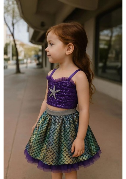 Kız Çocuk Payetli Mor Deniz Kızı Temalı Takım - Askılı Crop ve Pul Detaylı Etek