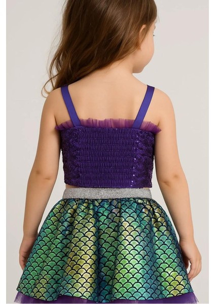 Kız Çocuk Payetli Mor Deniz Kızı Temalı Takım - Askılı Crop ve Pul Detaylı Etek fiyatları