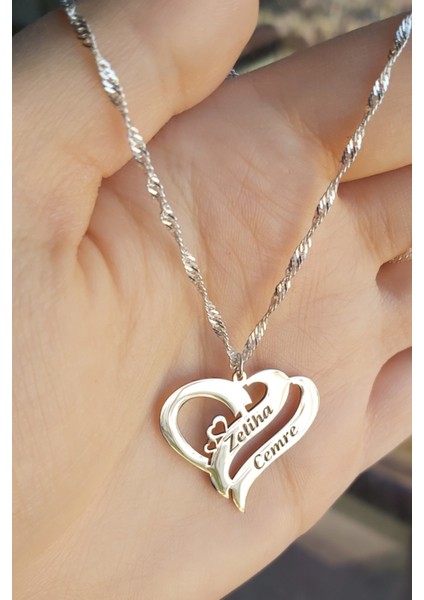 925 Ayar Gümüş Iç Içe Kalpli Kolye