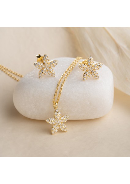 925 Ayar Gümüş Minimal Taşlı Çiçek Set