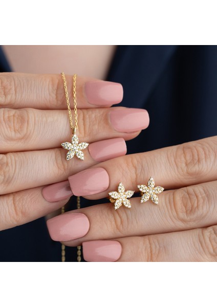 925 Ayar Gümüş Minimal Taşlı Çiçek Set modelleri