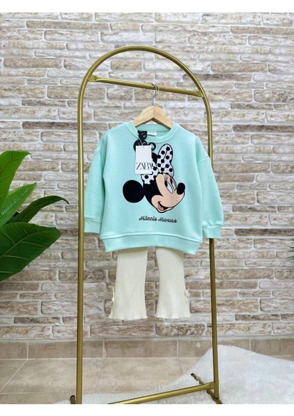 Kız Çocuk Pamuklu Mint Sweatshirt ve Ekru Fitilli Pantolon Takım - Kurdele Detaylı fiyatları