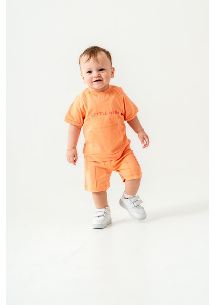 Erkek Çocuk Pamuklu Turuncu "little Hero" Yazılı Şortlu Takım - Cepli T-Shirt