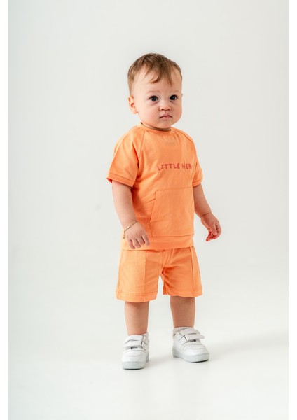 Erkek Çocuk Pamuklu Turuncu "little Hero" Yazılı Şortlu Takım - Cepli T-Shirt fiyatları