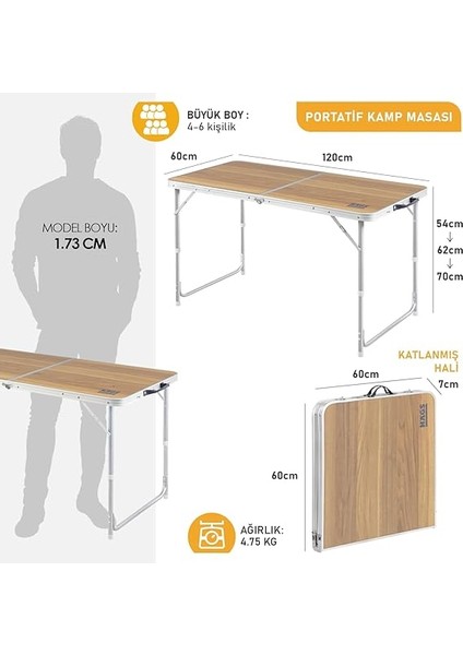 Portatif Kamp Masası, 3 Yükseklik Ayarlı, Katlanır Piknik Masası, Kolay Taşınabilir Alüminyum Masa - 120X60 - Hareli Ceviz modelleri