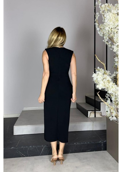 G1288 Taş ve Drape Detaylı Kolsuz Elbise Siyah modelleri