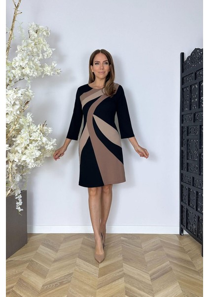 G1586 Renk Bloklu Kalem Elbise Siyah