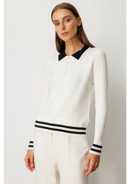 Kadın Polo Yaka Örgü Desenli Triko Kazak 65332 Ekru fiyatları