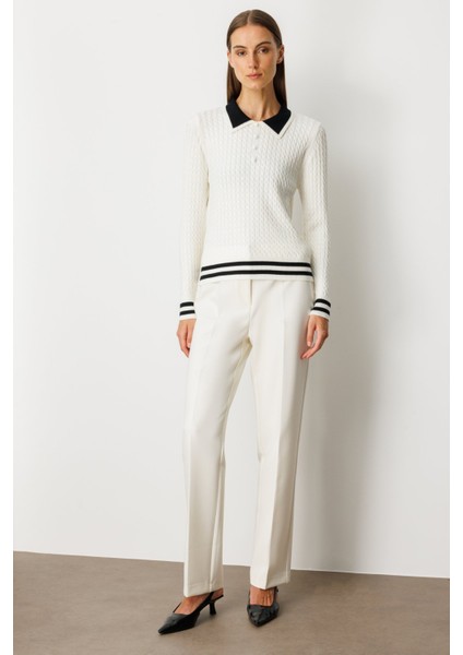 Kadın Polo Yaka Örgü Desenli Triko Kazak 65332 Ekru modelleri