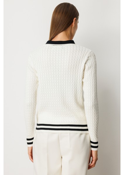 Kadın Polo Yaka Örgü Desenli Triko Kazak 65332 Ekru fırsatları