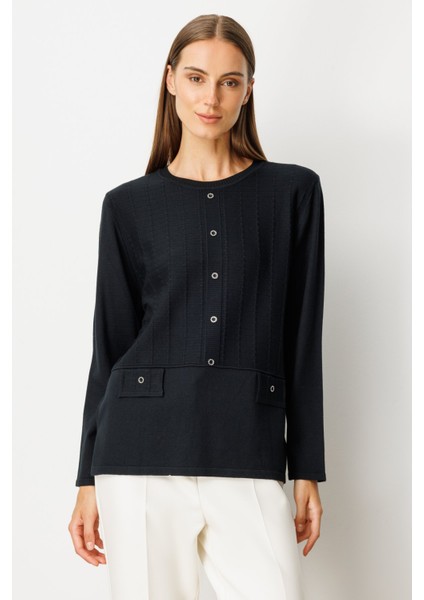 Kadın Kabartma Desenli Süs Düğmeli Triko Kazak 65358 Siyah