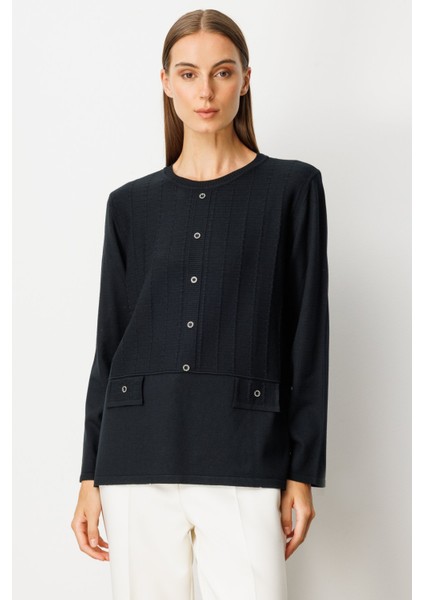 Kadın Kabartma Desenli Süs Düğmeli Triko Kazak 65358 Siyah fiyatları