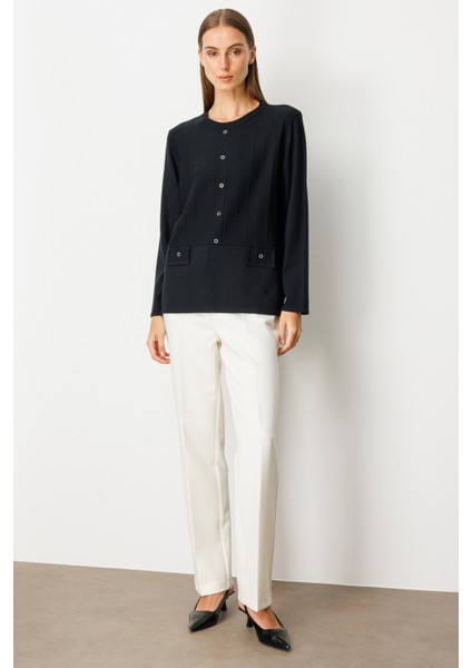 Kadın Kabartma Desenli Süs Düğmeli Triko Kazak 65358 Siyah modelleri