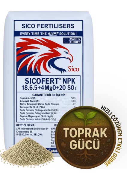 Sıcofert Npk 18.6.5 + 18 So₃ + 14 Cao + 1 Mgo Yavaş Salınımlı Granül Gübre (Mop Bazlı) 25 kg