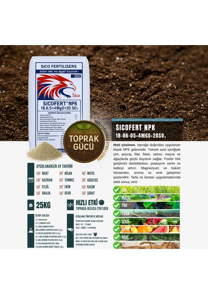Sıcofert Npk 18.6.5 + 18 So₃ + 14 Cao + 1 Mgo Yavaş Salınımlı Granül Gübre (Mop Bazlı) 25 kg fiyatları