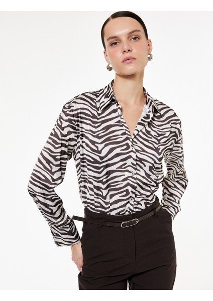Uzun Kollu Düğmeli Zebra Desenli Klasik Yaka Saten Gömlek fiyatları
