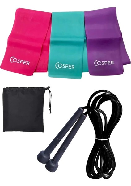 Çantalı 3 Lü 3 Farklı Dirençte Hafif Orta Sert Pilates Lastiği Bandı ve Atlama Ipi Plates Seti