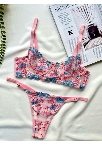 Çiçek Desenli Dantel Tül Bralet Takım