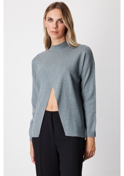 Kadın Dik Yaka Asimetrik Kesim Triko Kazak 65343 Gri fiyatları