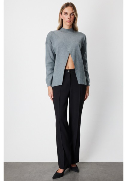 Kadın Dik Yaka Asimetrik Kesim Triko Kazak 65343 Gri modelleri