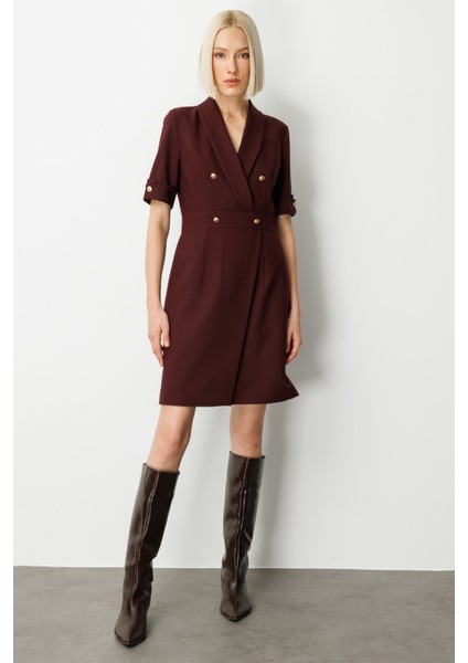 Kadın Kruvaze Yaka Süs Düğmeli Elbise 4017 Bordo