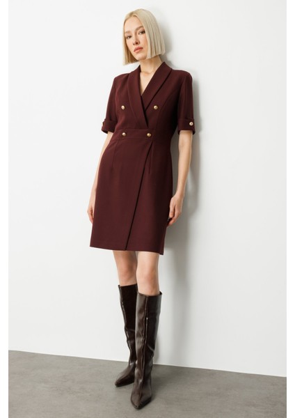 Kadın Kruvaze Yaka Süs Düğmeli Elbise 4017 Bordo fiyatları