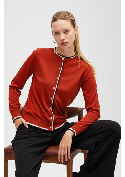 Paris, Çizgi Detaylı Kadın Triko Hırka - Kiremit