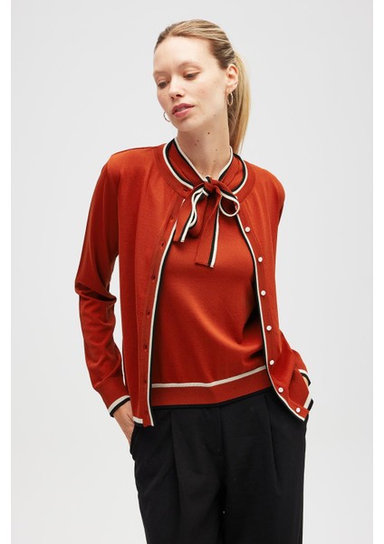 Paris, Çizgi Detaylı Kadın Triko Hırka - Kiremit fırsatları