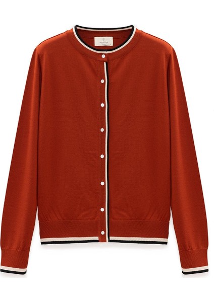 Paris, Çizgi Detaylı Kadın Triko Hırka - Kiremit